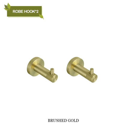 Brushed gold stainless steel robe hooks with textured knurled knobs in decorbites bathroom accessories collection