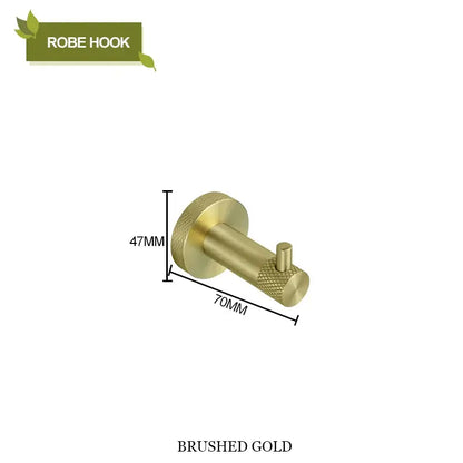Brushed gold stainless steel robe hook with textured cylindrical body and knurled ends in decorbites bathroom accessories