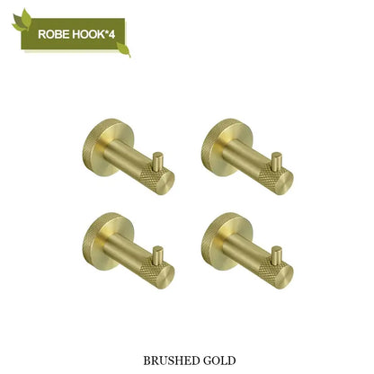 Set of four brushed gold stainless steel robe hooks with knurled knobs in modern decorbites bathroom accessories design