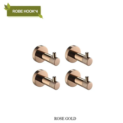 Set of four rose gold stainless steel robe hooks with textured knurled knobs for decorbites bathroom accessories