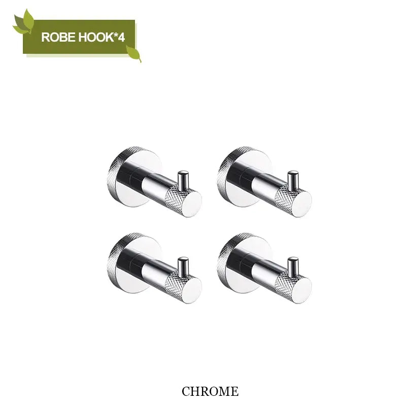 Set of four chrome stainless steel robe hooks with knurled bodies and smooth plates for decorbites bathroom accessories