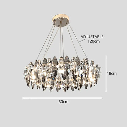 A modern circular pendant light with clear crystal teardrop pendants and chrome mount by decorbites crystal dimmable