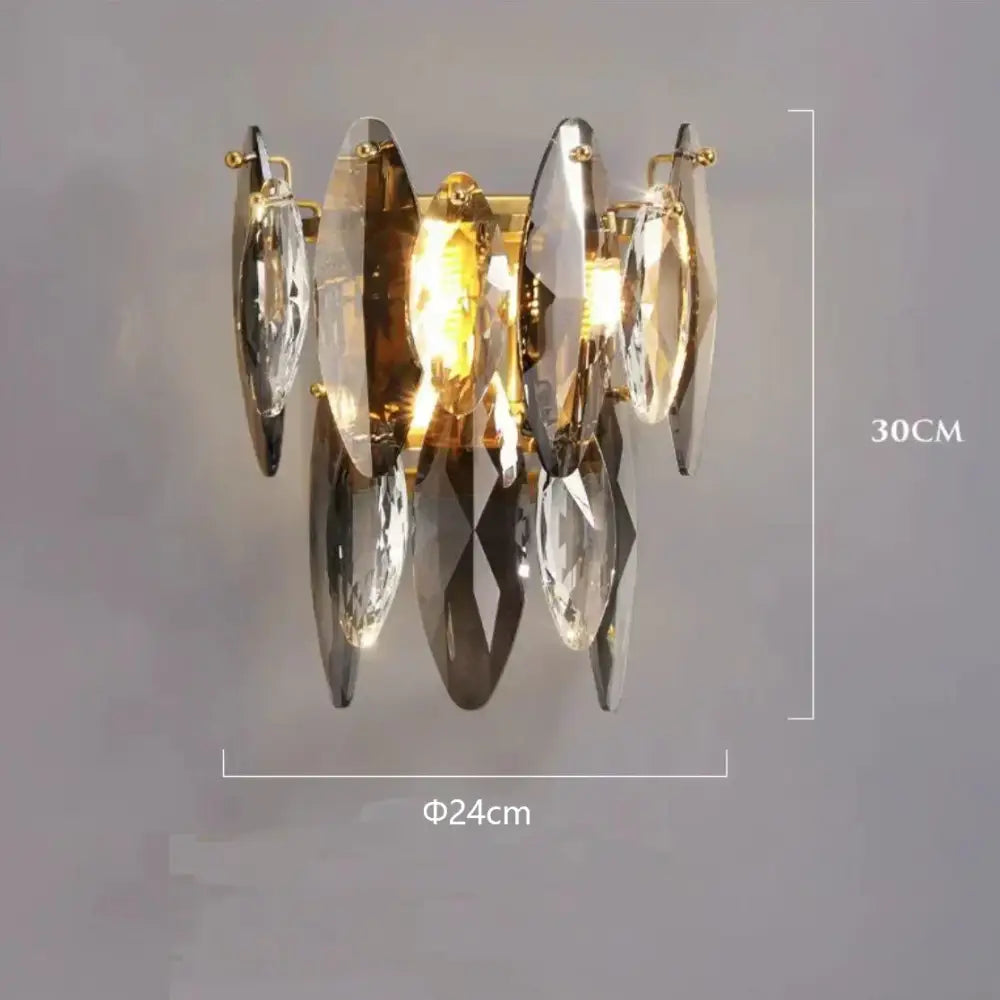Gold-toned pendant lights with multiple faceted clear and smoky amber crystal plates for decorbites crystal dimmable led use