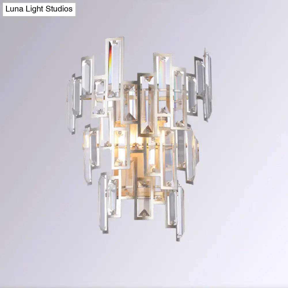 Modern rose gold wall lamp with geometric crystal sconce and polished chrome frame for dining room lighting