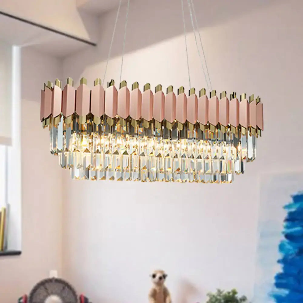 DecorBites™ traditional gold oval crystal light fixture with tiered rose gold panels and clear prisms for dining room