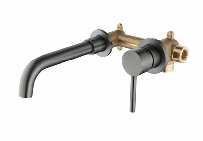 Modern rose gold wall-mounted bathroom faucet with black matte finish, brass valve, single-hole deck, and cold water use