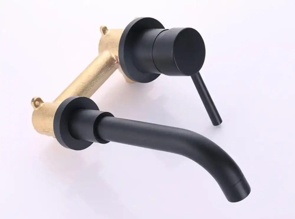 Modern black and brass wall-mounted faucet with sleek minimalist design for single-hole deck cold water installation