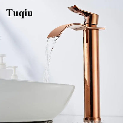 Tuqiu modern rose gold waterfall basin faucet with single hole design and durable housing material for bathroom use