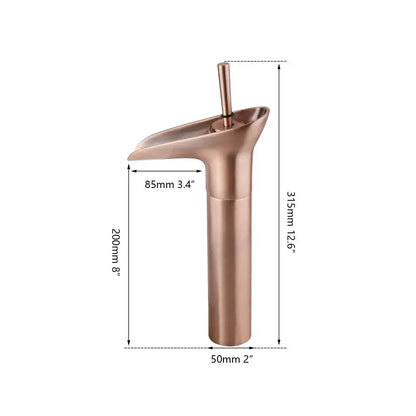 Modern rose gold waterfall bathroom faucet with sleek cylindrical body and single handle for decorbites golden waterfall use