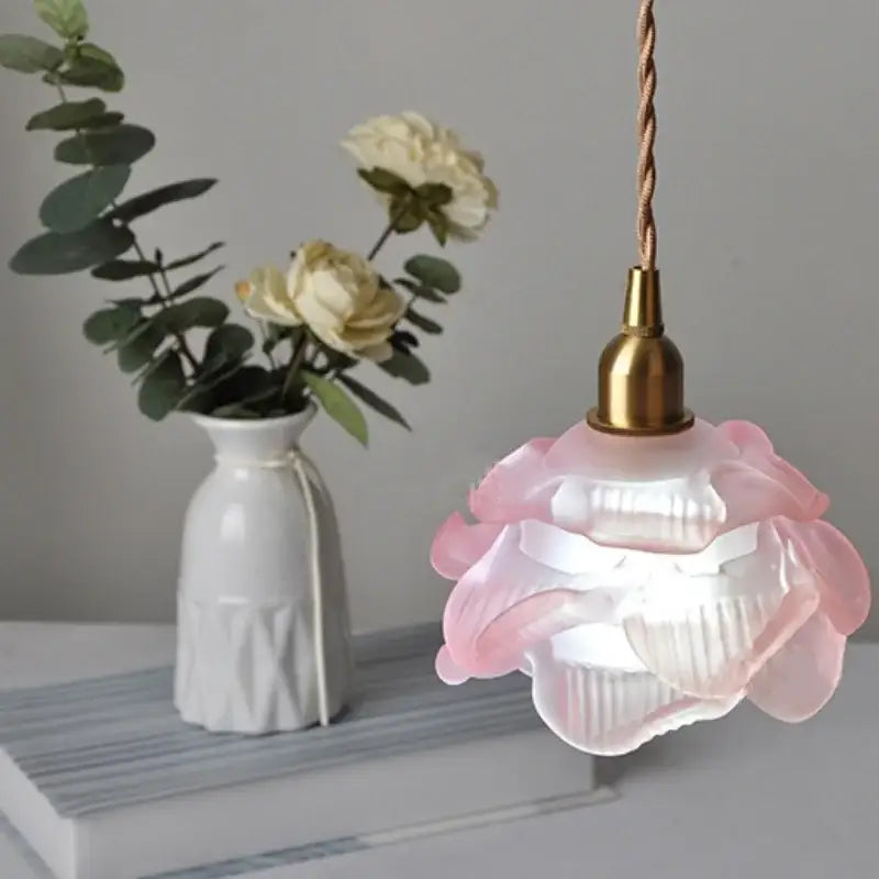 Modern rose orange and creamy white glass led pendant light with pink floral design brass top and twisted copper cord