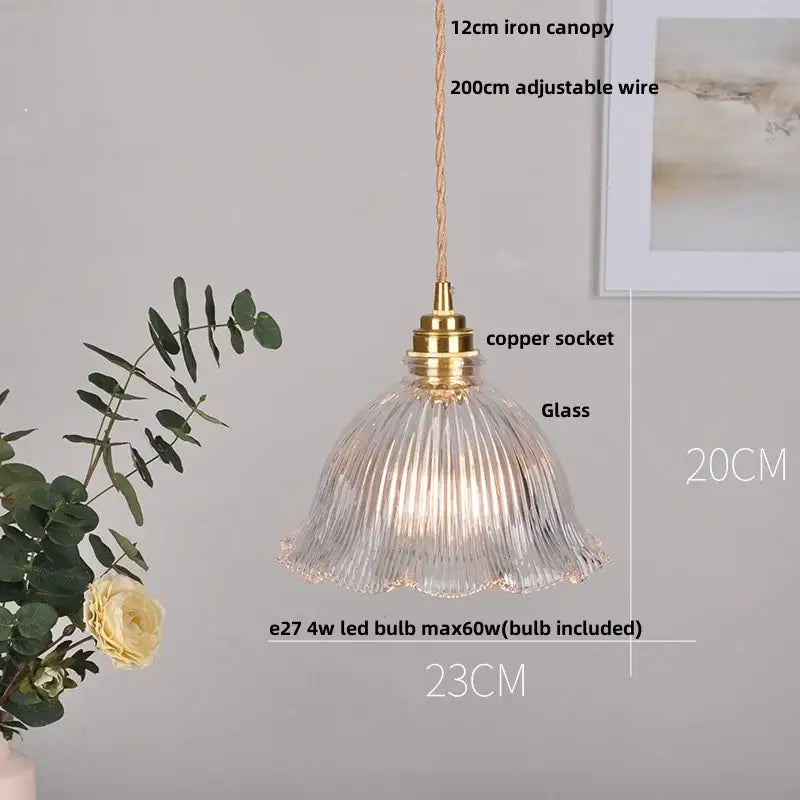Modern rose orange and creamy white glass led pendant light featuring clear ribbed glass and brass copper socket