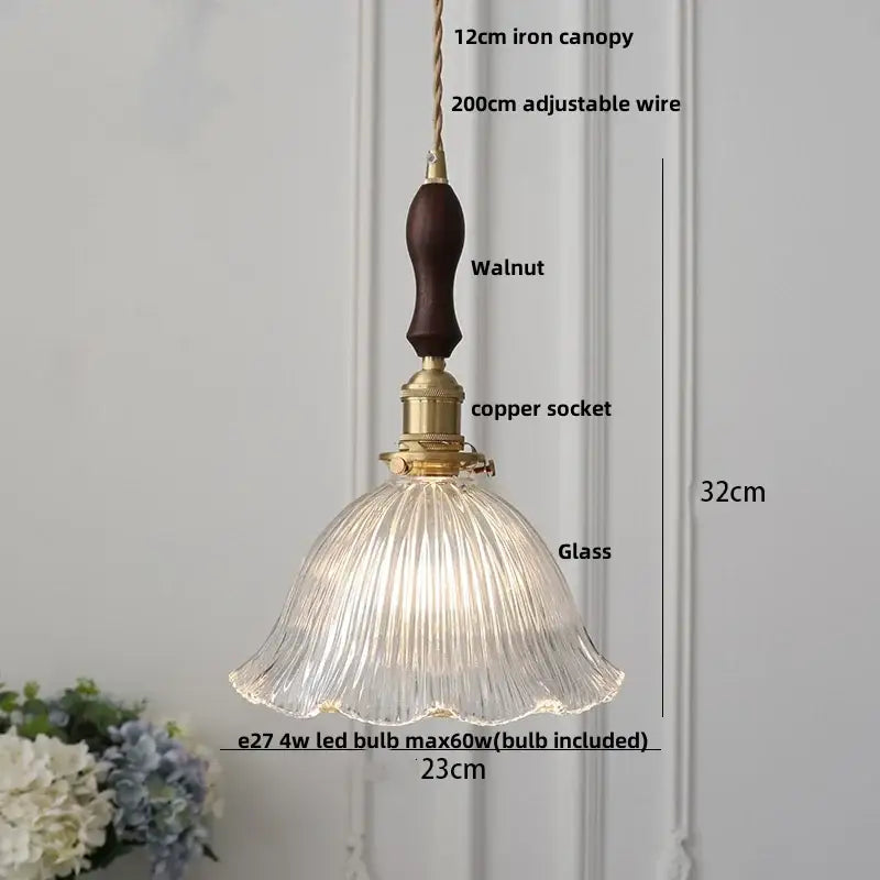 Modern rose orange and creamy white glass led pendant light with fluted design and walnut-finished wooden handle