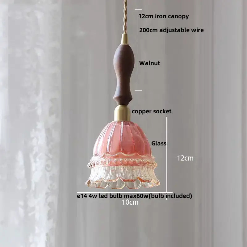 Modern rose orange and creamy white glass led pendant light with pink glass pendant, walnut iron canopy, and copper socket