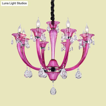 DecorBites™ modern rose red glass chandelier with crystal draping and chrome accents for living room lighting