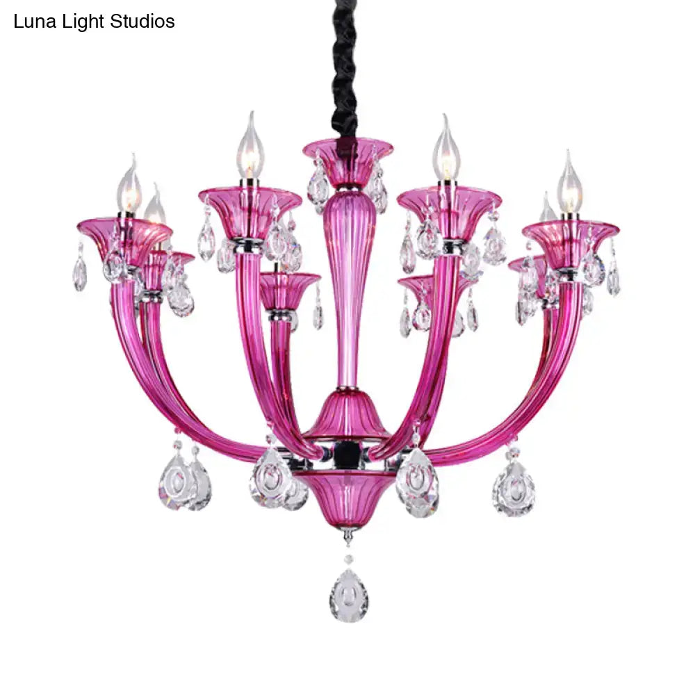 DecorBites™ modern rose red glass chandelier with crystal draping and candle-style bulbs for living room lighting
