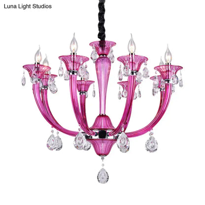 DecorBites™ modern rose red glass chandelier with crystal draping and candle-style bulbs for living room lighting