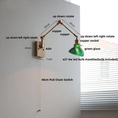 Modern rotatable brass wall light fixture with adjustable copper arm, green glass shade, and included LED bulb for stairs