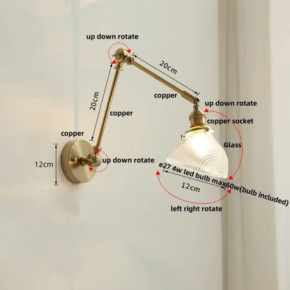 Adjustable copper wall light fixture with a textured glass shade designed as a modern rotatable stair wall light