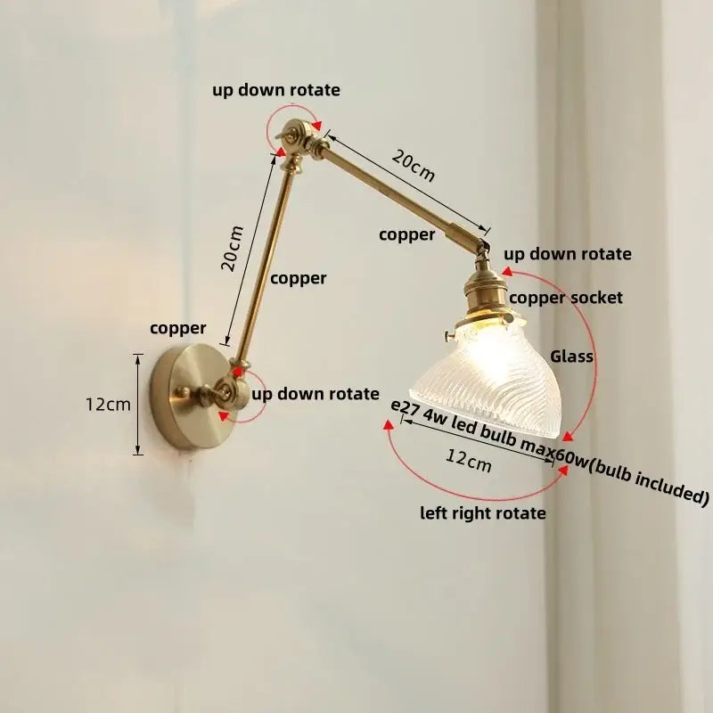 Adjustable copper wall light fixture with a textured glass shade designed as a modern rotatable stair wall light