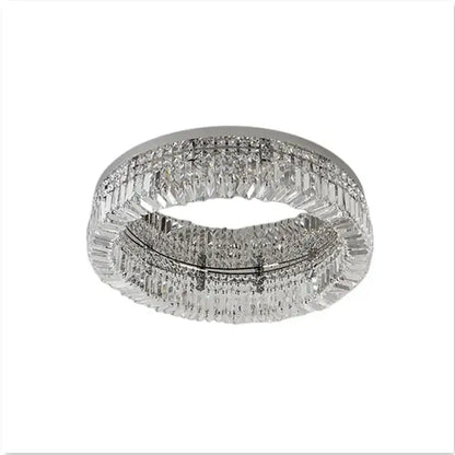 Modern round crystal led ceiling light chandelier with chrome finish and two concentric rings of faceted crystal decorbites crystal led