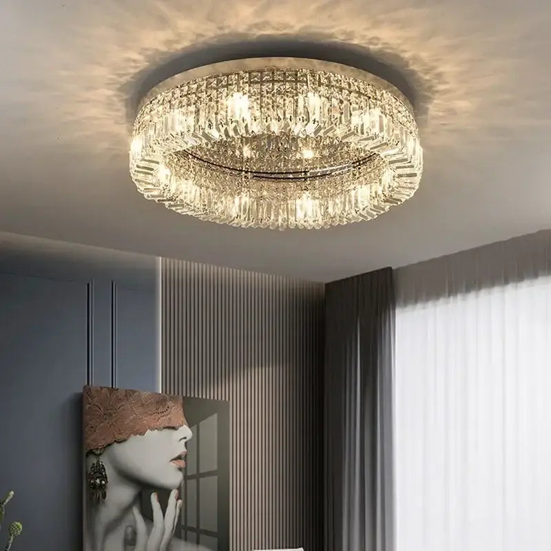 Modern round crystal led ceiling light with faceted crystal prisms emitting warm light for bedroom decorbites crystal led chandelier