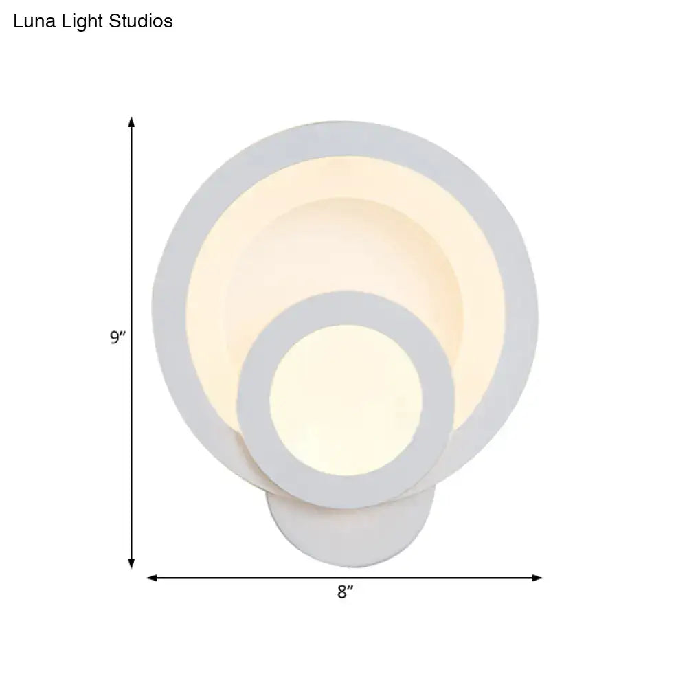 Modern round white led wall light with layered circular design and warm white glow 8 inch fixture for stairway use