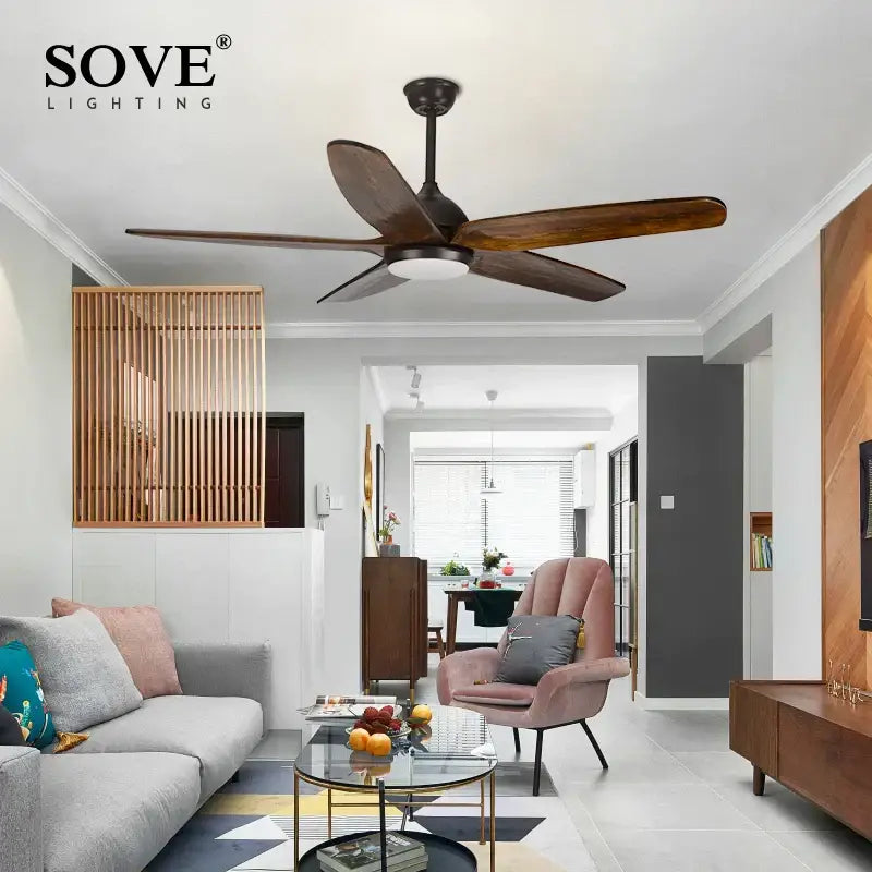 Modern rustic dark bronze 60 inch wooden blade ceiling fan with dark wood blades and central light fixture for living room