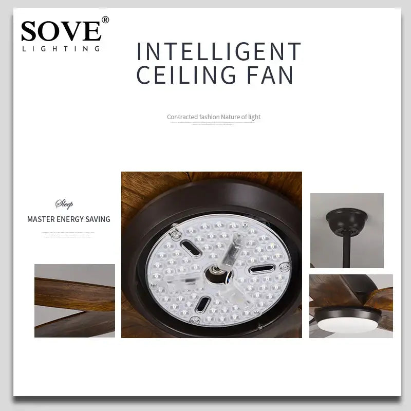 Sove lighting intelligent ceiling fan with remote control 60 inch wooden blade dark bronze finish for living room