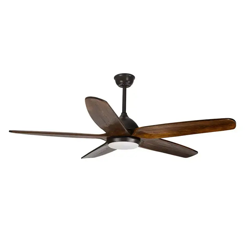 Modern rustic dark bronze ceiling fan with five 60 inch wooden blade wood grain blades and central white light fixture
