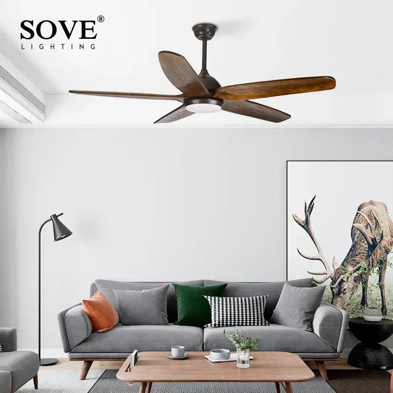 Sove lighting ceiling fan with dark bronze finish and five 60 inch wooden blades for modern rustic living room