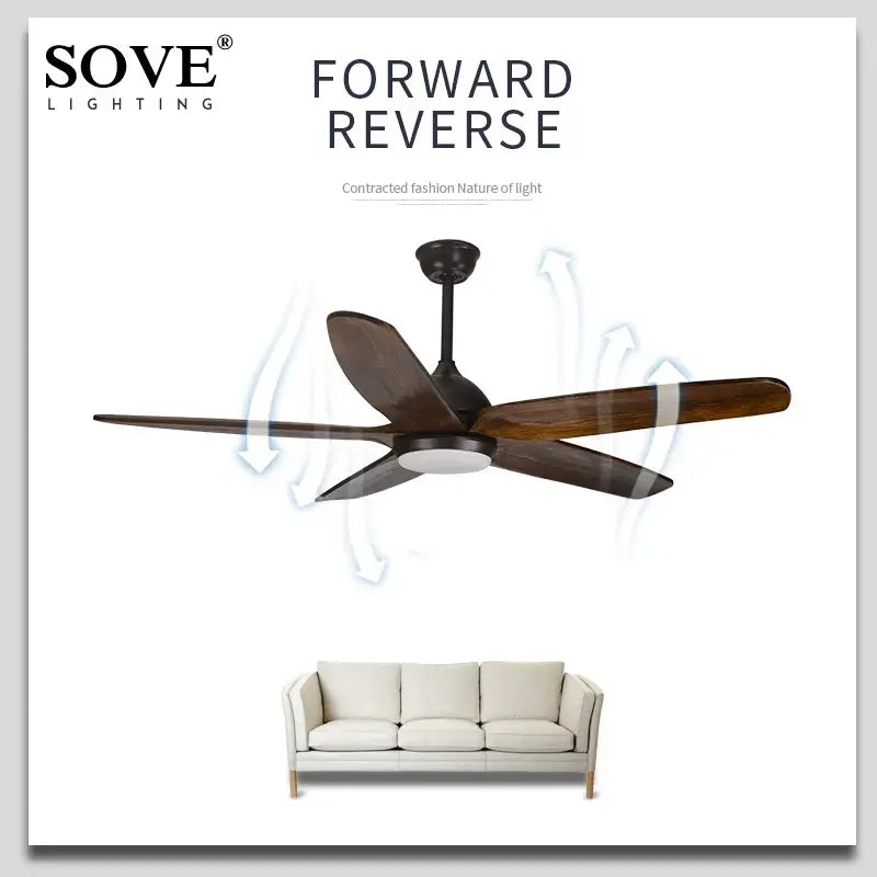 Modern rustic 60 inch wooden blade ceiling fan with dark wood blades and black housing by Sove with remote control