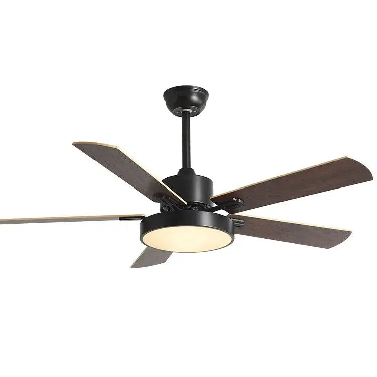 Black metal ceiling fan with five dark wood blades and circular light fixture for living room wooden led ceiling fan