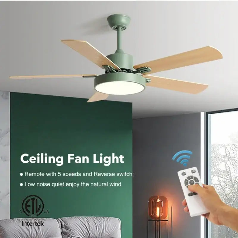 Modern sage green ceiling fan with matte motor housing and five natural wooden blades wooden led ceiling fan for living room
