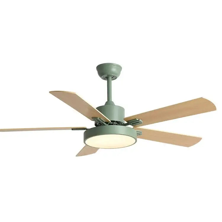 Modern sage green ceiling fan with five light wooden blades and integrated circular led ceiling fan light fixture