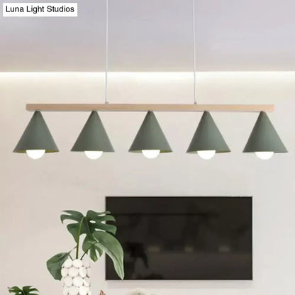 Decorbites green iron island pendant ceiling light with five matte sage green conical shades and wooden bar