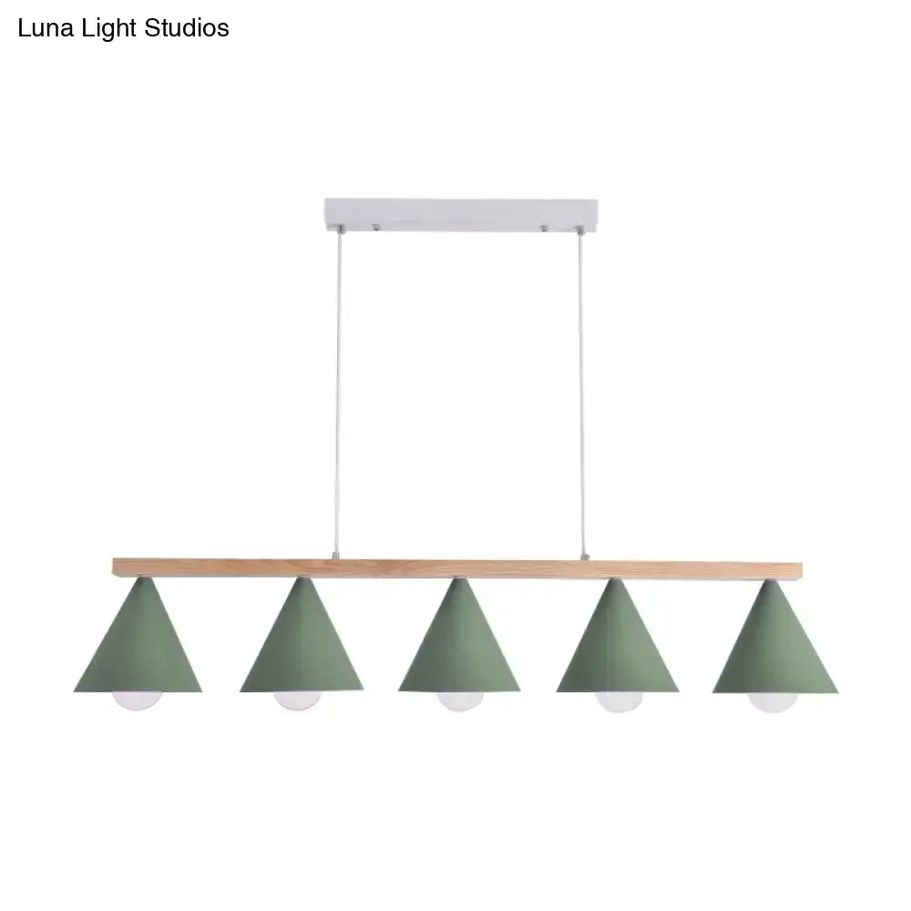Modern DecorBites green iron island pendant ceiling light with five matte sage green shades and natural wood beam mount