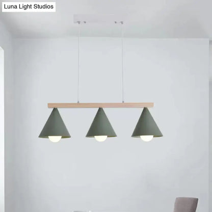 Modern DecorBites green iron island pendant ceiling light with three matte olive green conical shades and wooden bar