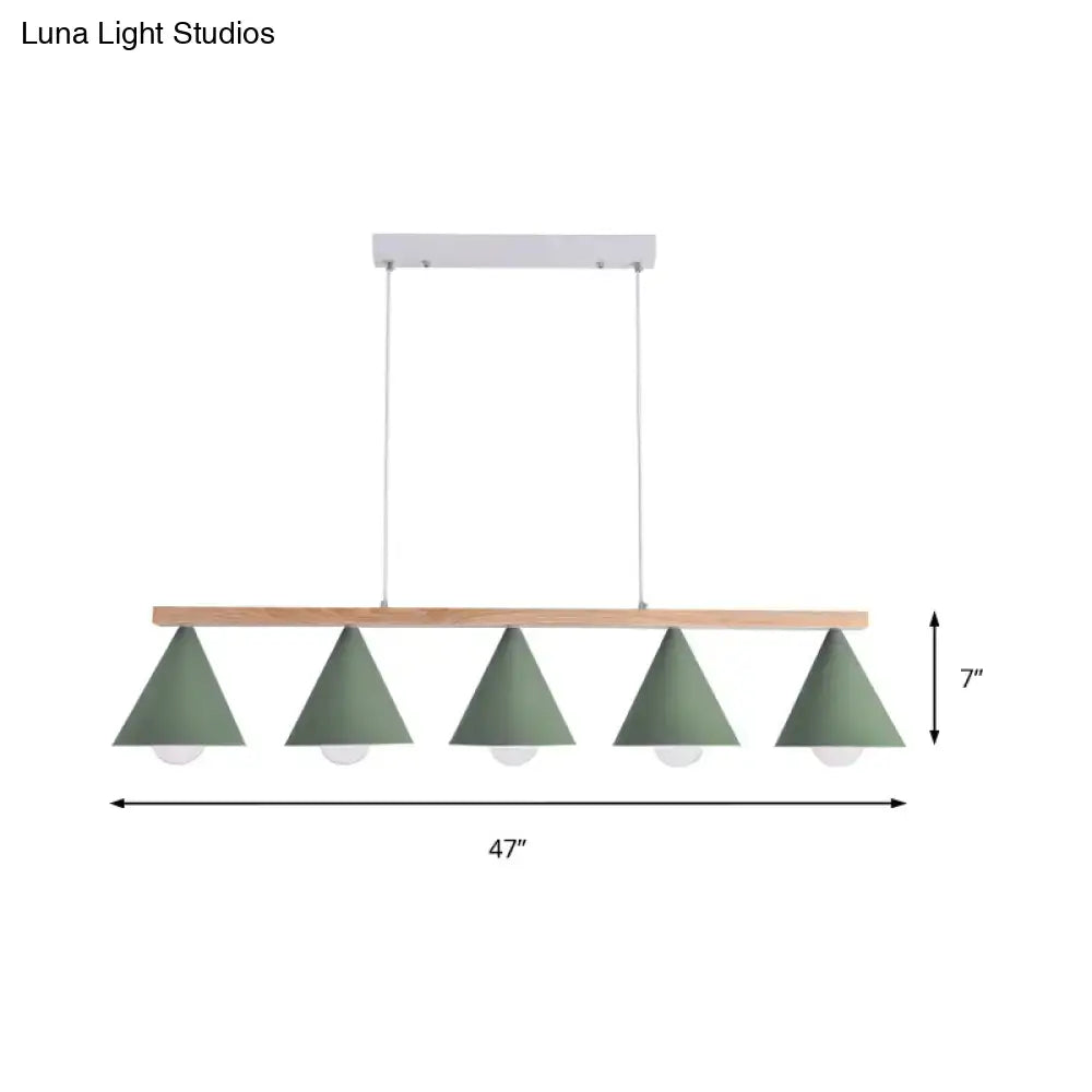 Modern green iron island pendant light fixture with natural wood bar and white ceiling mount for ceiling light