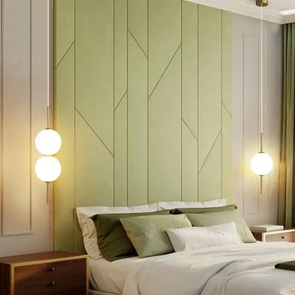 Modern sage green glass ball led pendant lamps with geometric accent wall featuring vertical paneling for living room decorbites glass ball