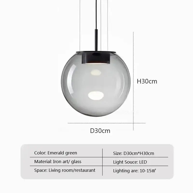 Emerald green spherical glass pendant lamp with iron art fixture and led bulb in modern sage green dining room set of 3