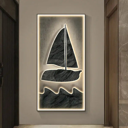 Modern black stone sailboat led wall lamp with illuminated edges for stylish living room decor