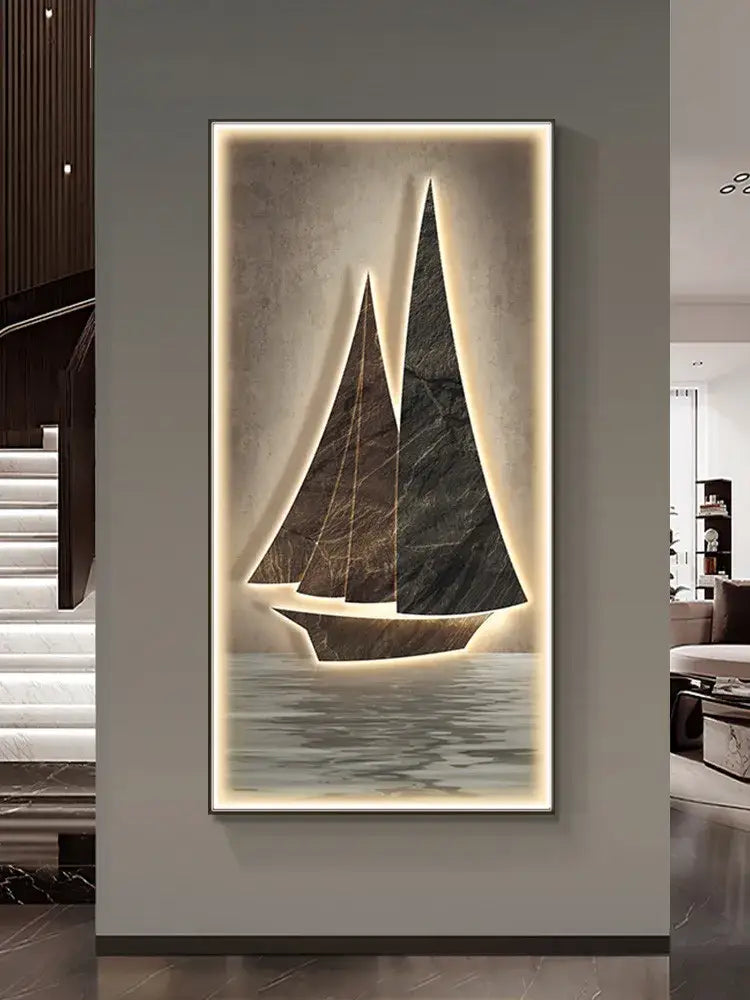 Modern sailboat stone led wall lamp featuring dark textured stone and warm backlighting for living room decor