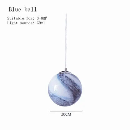 Modern saturn space star astronaut pendant lamp with 20cm swirling blue and white marbled glass sphere suspended by metallic cord