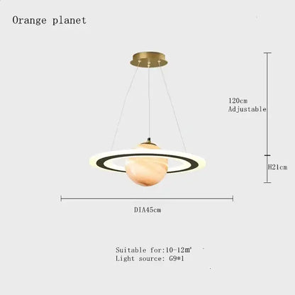 Modern saturn space star astronaut pendant lamp with adjustable warm-toned orb and illuminated rings for boys bedroom