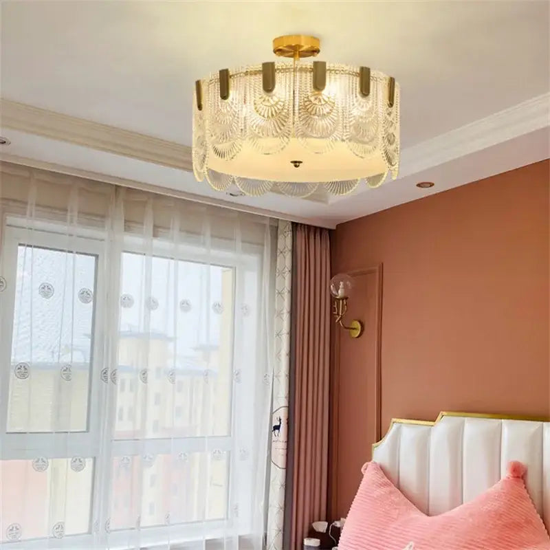 Gold-toned modern scalloped art glass chandelier with intricate cut crystal panels for dining room decorbites art glass chandelier