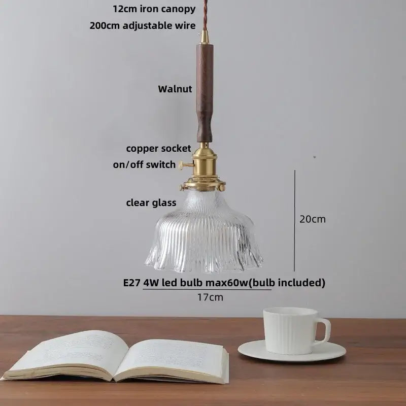 Modern scalloped floral ceramic led pendant light with walnut handle, brass socket, and clear ribbed glass shade for decorbites ceramic led design