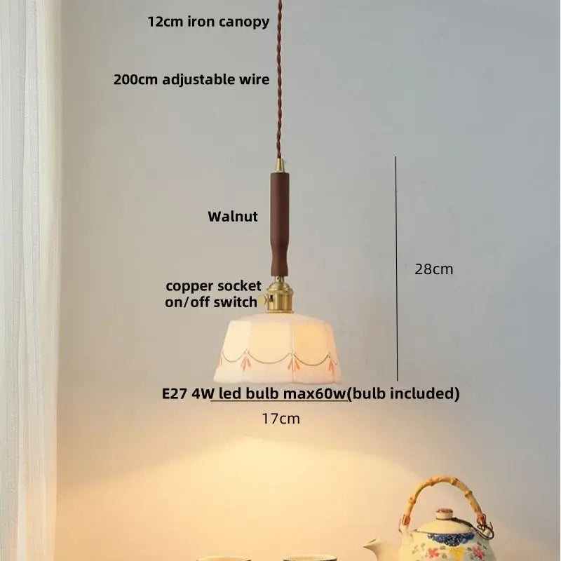 Modern scalloped off-white ceramic led pendant light with hand-painted floral pattern and warm decorbites ceramic led glow