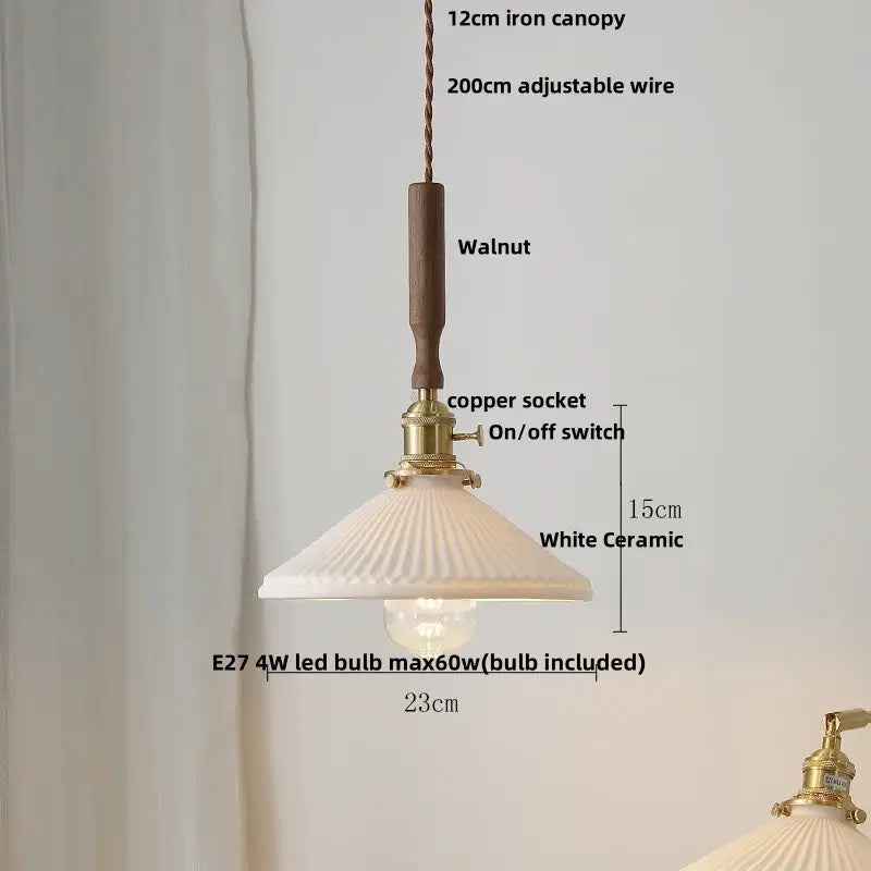 Modern scalloped floral ceramic led pendant light with white fluted ceramic and walnut wooden handle for decorbites decor