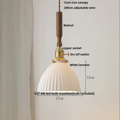 Modern scalloped floral ceramic led pendant light with white ribbed design, walnut iron canopy, and copper socket decorbites ceramic led