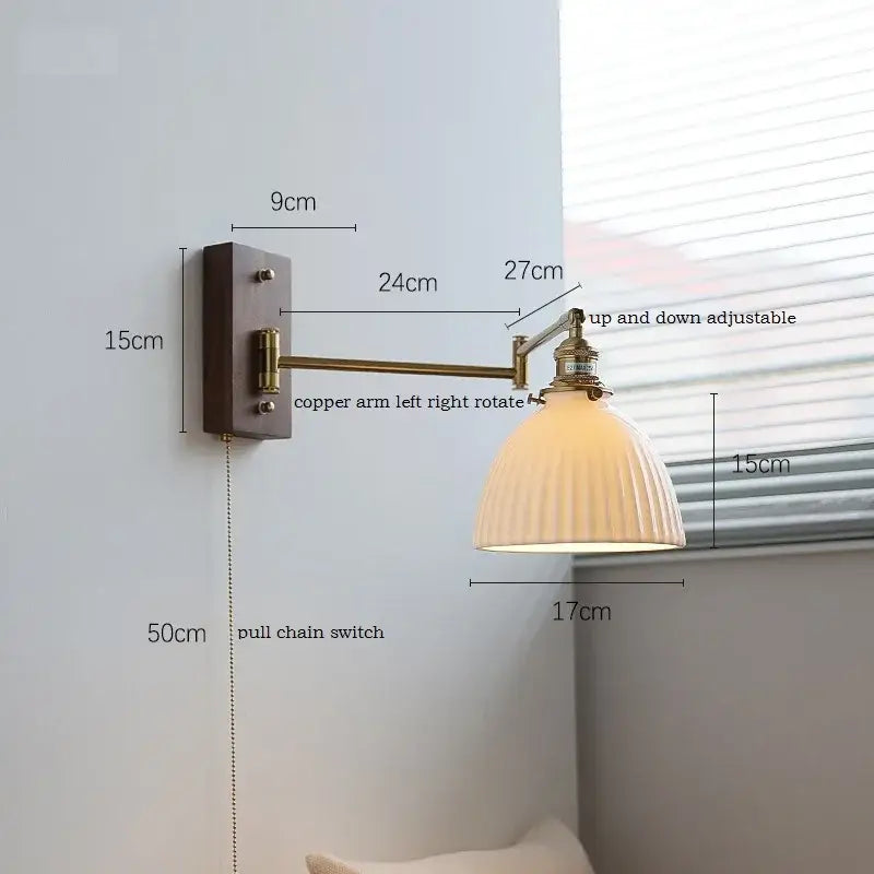 Modern scalloped glass and brass wall light with adjustable copper arm and ribbed off-white glass shade for bedroom decorbites ceramic led